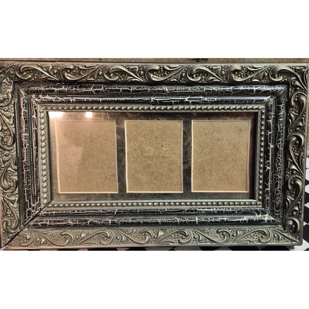Vintage Style Triple Collage Photo Frame Ornate Black Silver Crackle 3 Opening